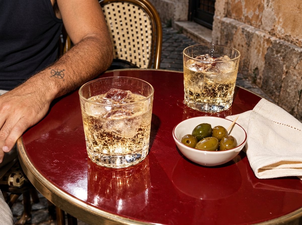 Tavolino bordeaux con due bicchieri con ghiaccio e una ciotola di olive all’aperto